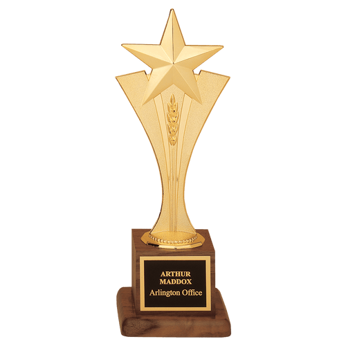 3 1/2" x 10" Modern Goldtone Star Casting on a Walnut Finish Base with Laserable Black Brass Plate