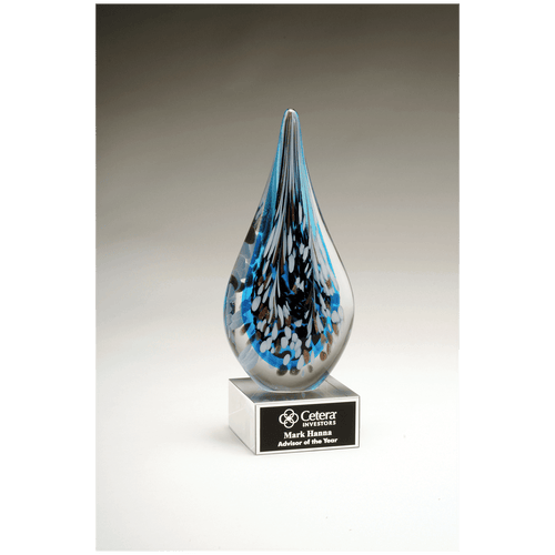 Multi-Colored Teardrop Art Glass on Clear Glass Base with Black 10" Laserable Aluminum Plate