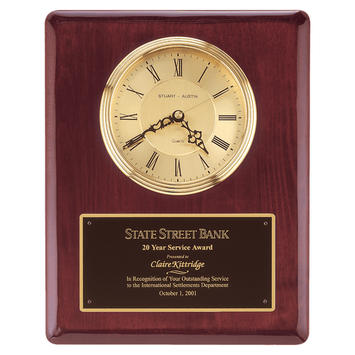 Rosewood Piano Finish Clock, Waterfall Bezel with Glass Lens,Gold 10 1/2" x 13" Dial, Plate