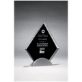 6 1/4" x 7 3/8" Diamond Shaped Glass Award, Black Silkscreen on Silver     Metal Base