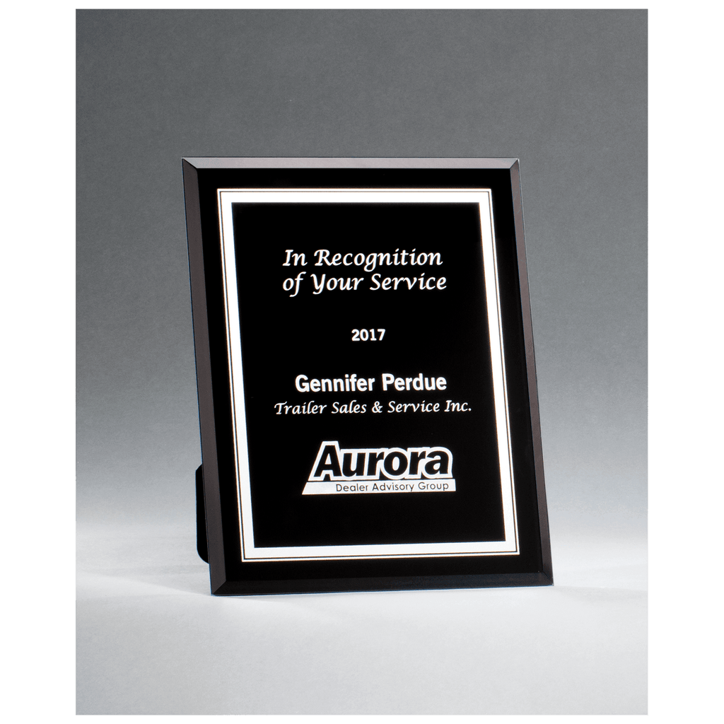 Black Glass Plaque with Silver 5" x 7" Border and Easel Back