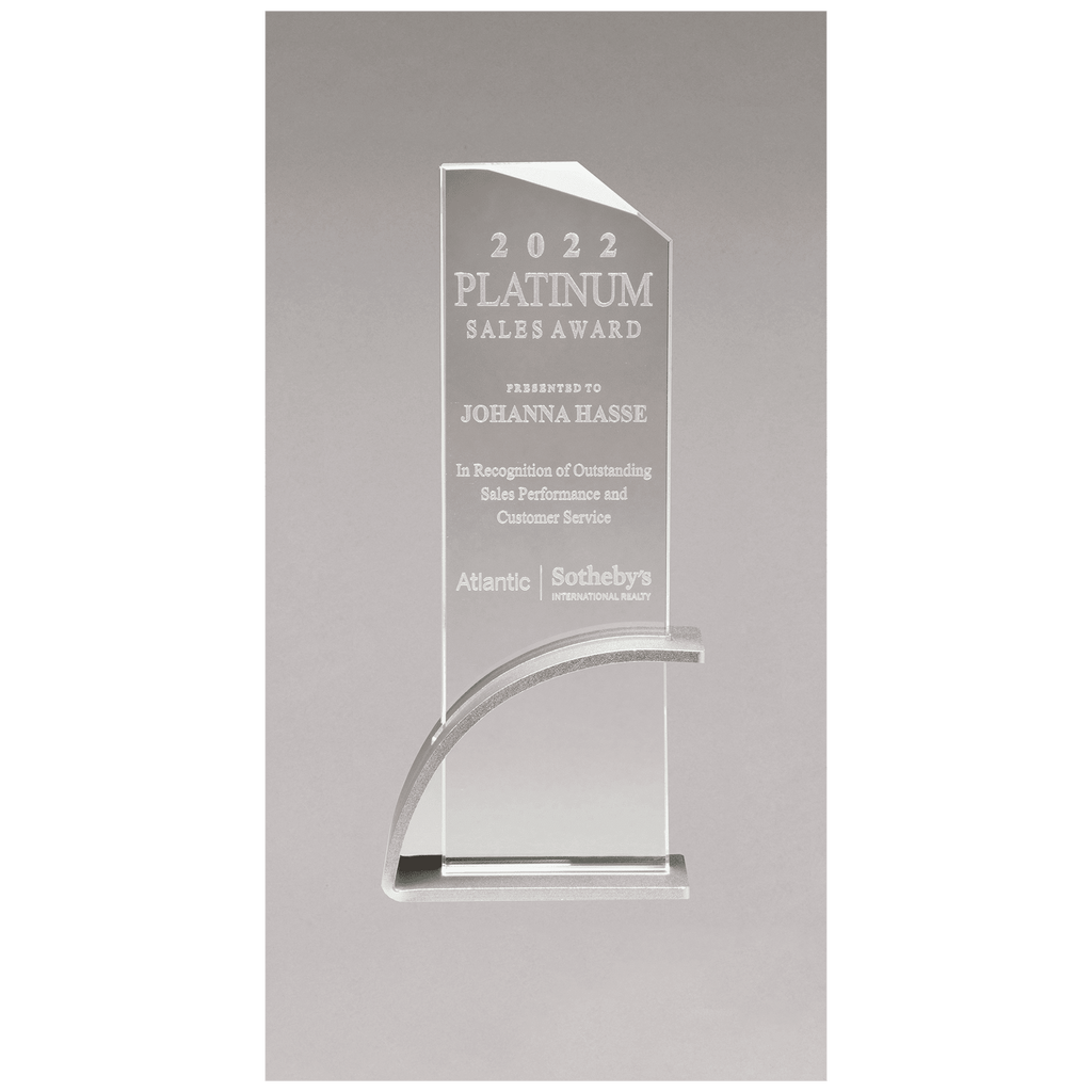 Silver Contemporary Clear 3 7/8" x 8 1/2" x 1/2" Thick Glass Award, Arched Base with Matte Metallic Finish