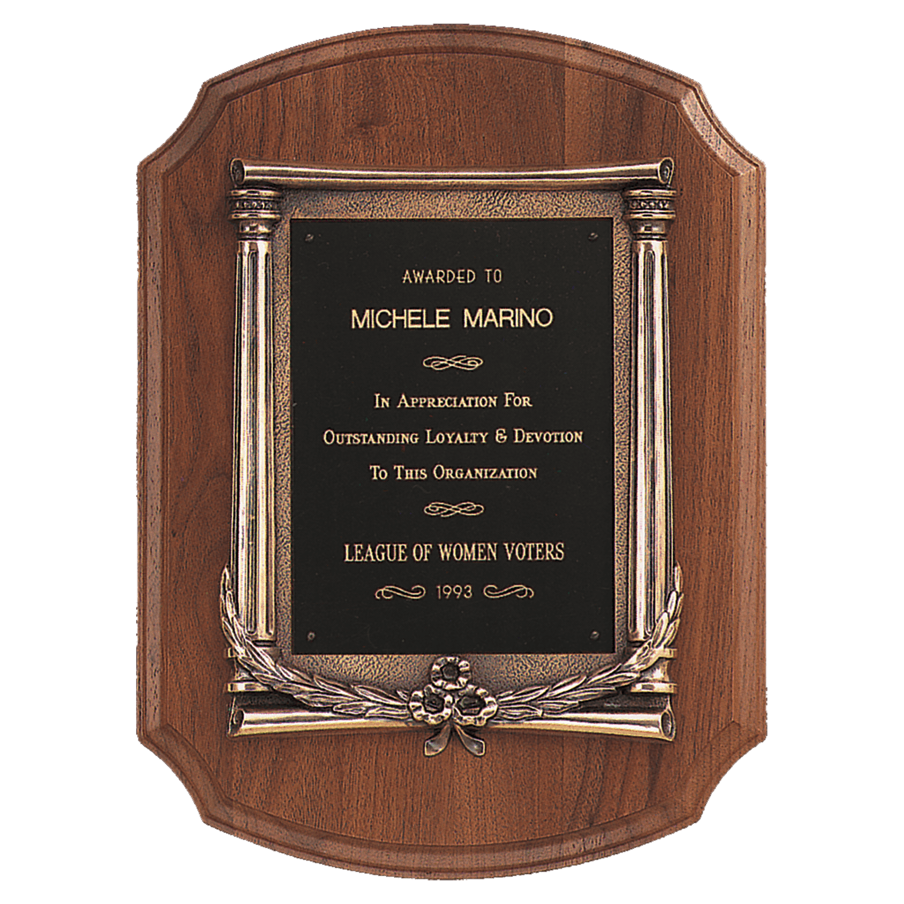 Walnut Notch Corner Plaque w/Antique Bronze Frame/Black Brass 11" x 15" American Plate