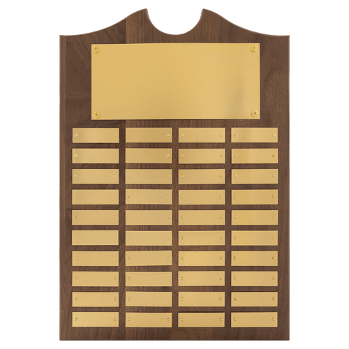 Walnut 40 Plate Perpetual Plaque with Brushed Brass 14" x 20"/Plates 7/8" x 2 3/4" American Plates