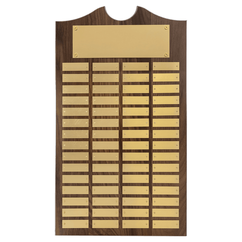 Walnut 60 Plate Perpetual Plaque with Brushed Brass 14" x 25"/Plates 7/8" x 2 3/4" American Plates