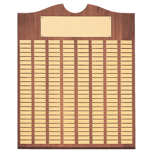 Walnut 96 Plate Perpetual Plaque with Brushed Brass 20" x 30"/Plates 7/8" x 2 3/4" American Plates