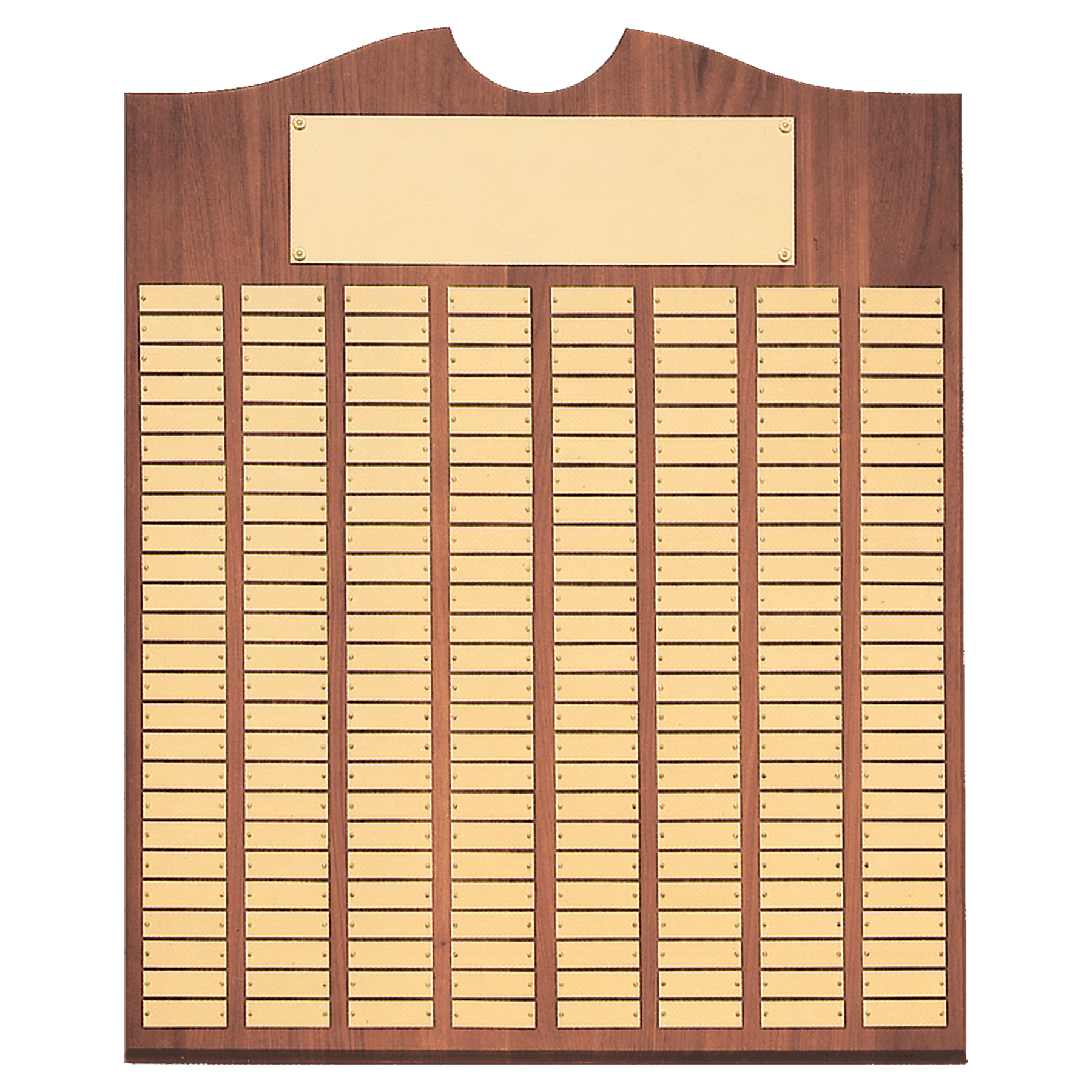 Walnut 150 Plate Perpetual Plaque with Brushed Brass 20" x 30"/Plates 7/8" x 2 3/4" American Plates