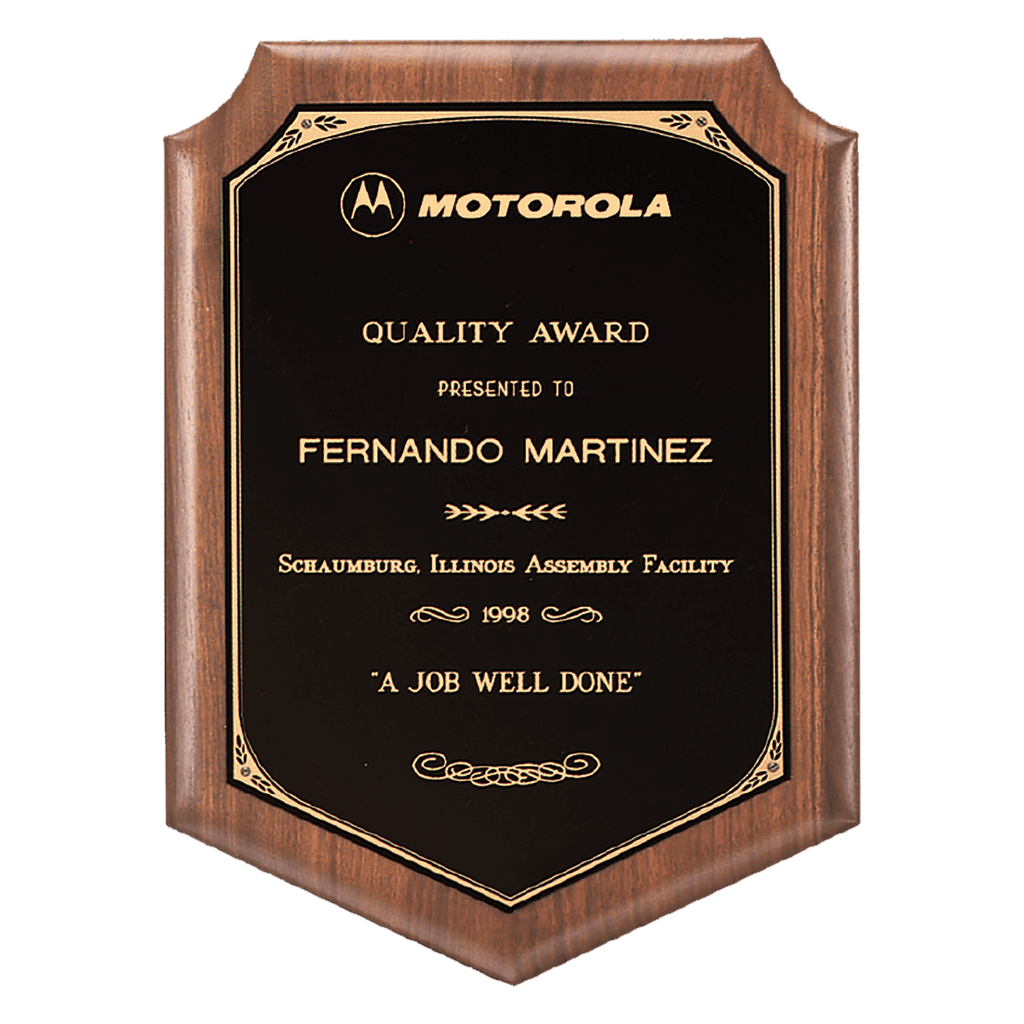 Walnut Plaque with Gold Border Laserable Black Brass 8" x 10 1/2" American Plate