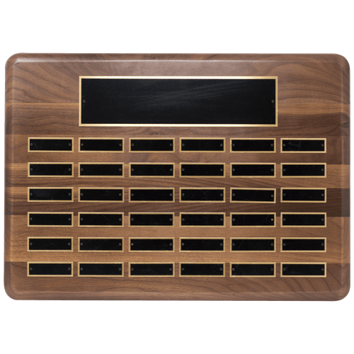 Walnut 36 Plate Perpetual Plaque with Black Brass 15" x 21"/Plates 7/8" x 2 3/4" American Plated Steel Plates