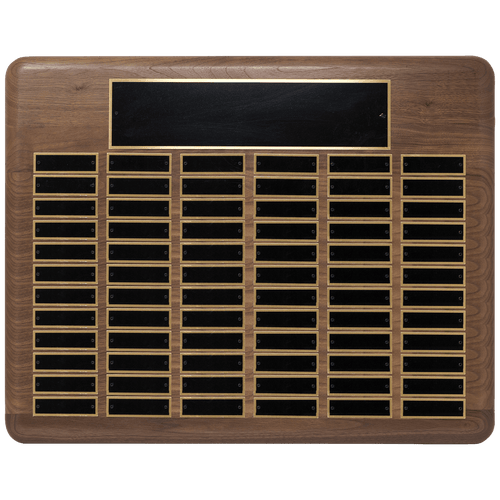 Walnut 72 Plate Perpetual Plaque with Black Brass 22" x 30"/Plates 7/8" x 2 3/4" American Plated Steel Plates