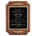 9" x 12" American Walnut Scalloped Corner Plaque with  Gold Scrolls and Go ld Border Black Laser Engravable Plate