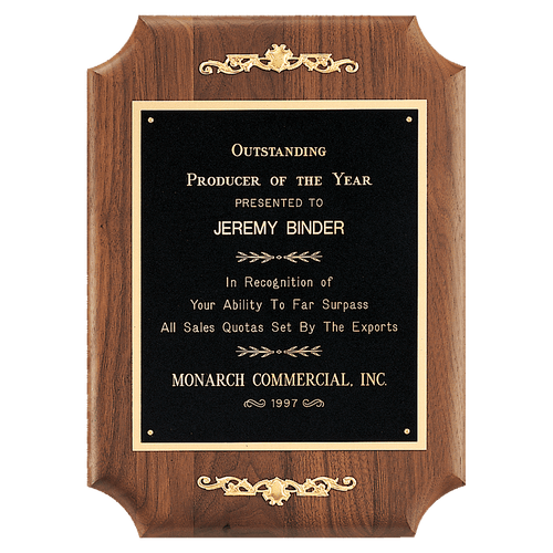 11" x 15" American Walnut Scalloped Corner Plaque with Decorative Gold Scrolls and Gold Border Black Laser Engravable Plate