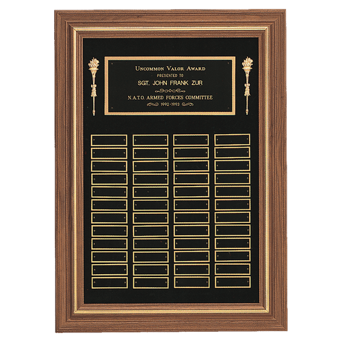 Walnut 36 Plate Perpetual Plaque with Black Brass 18" x 25"/Plates 7/8" x 2 3/4" American Plates