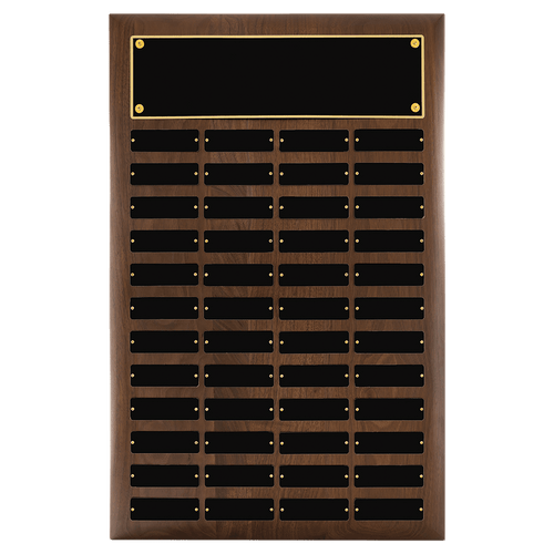Walnut 48 Plate Perpetual Plaque with Black Brass 16" x 24"/Plates 1" x 3 1/4" American Plates