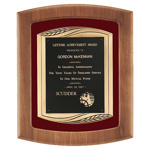 Walnut Frame with Maroon Velour Background and Black Laser Engravable Plate in an Antique Bronze 14" x 17" American Finished Frame Casting