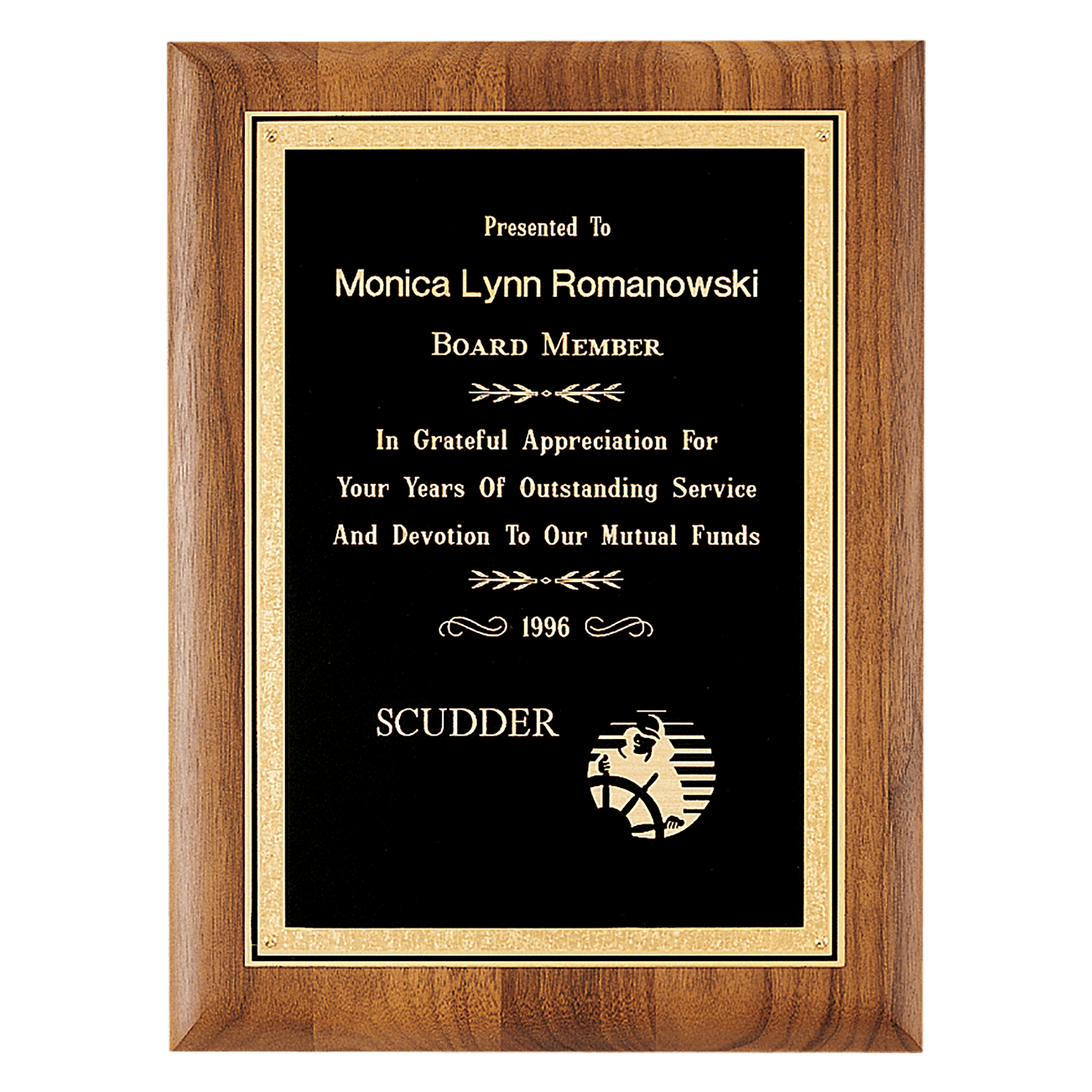9" x 12" Coventry Series American Walnut Plaque with Gold Florentine Border Textured Black LaserFX Plate