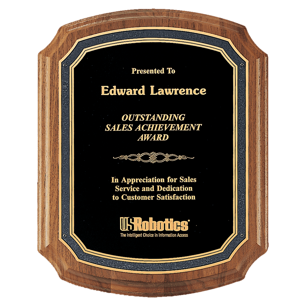 Walnut Plaque with Black/Gold Florentine Border Textured Black 8" x 10 1/2" American Plate
