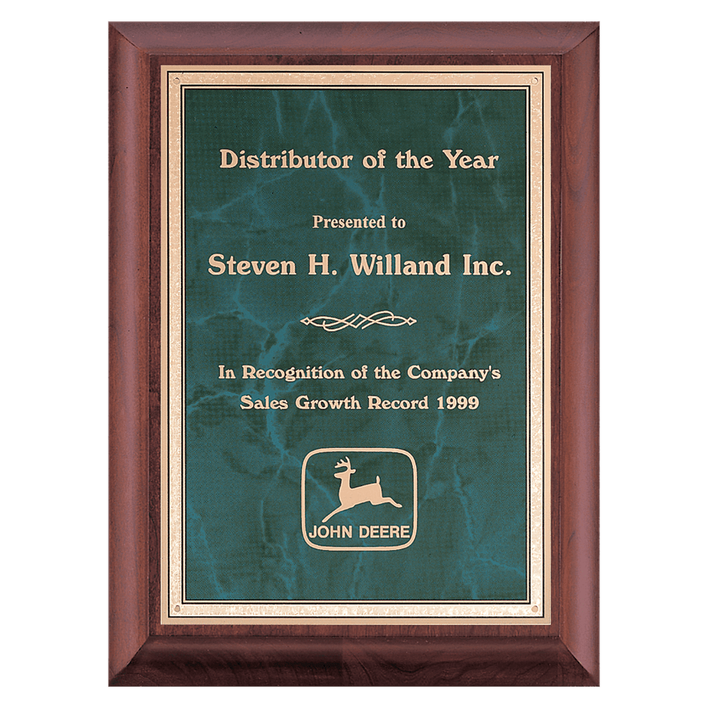 Cherry Finish Plaque with Emerald Marble Gold 9" x 12" Hand Rubbed Border LaserFX Plate
