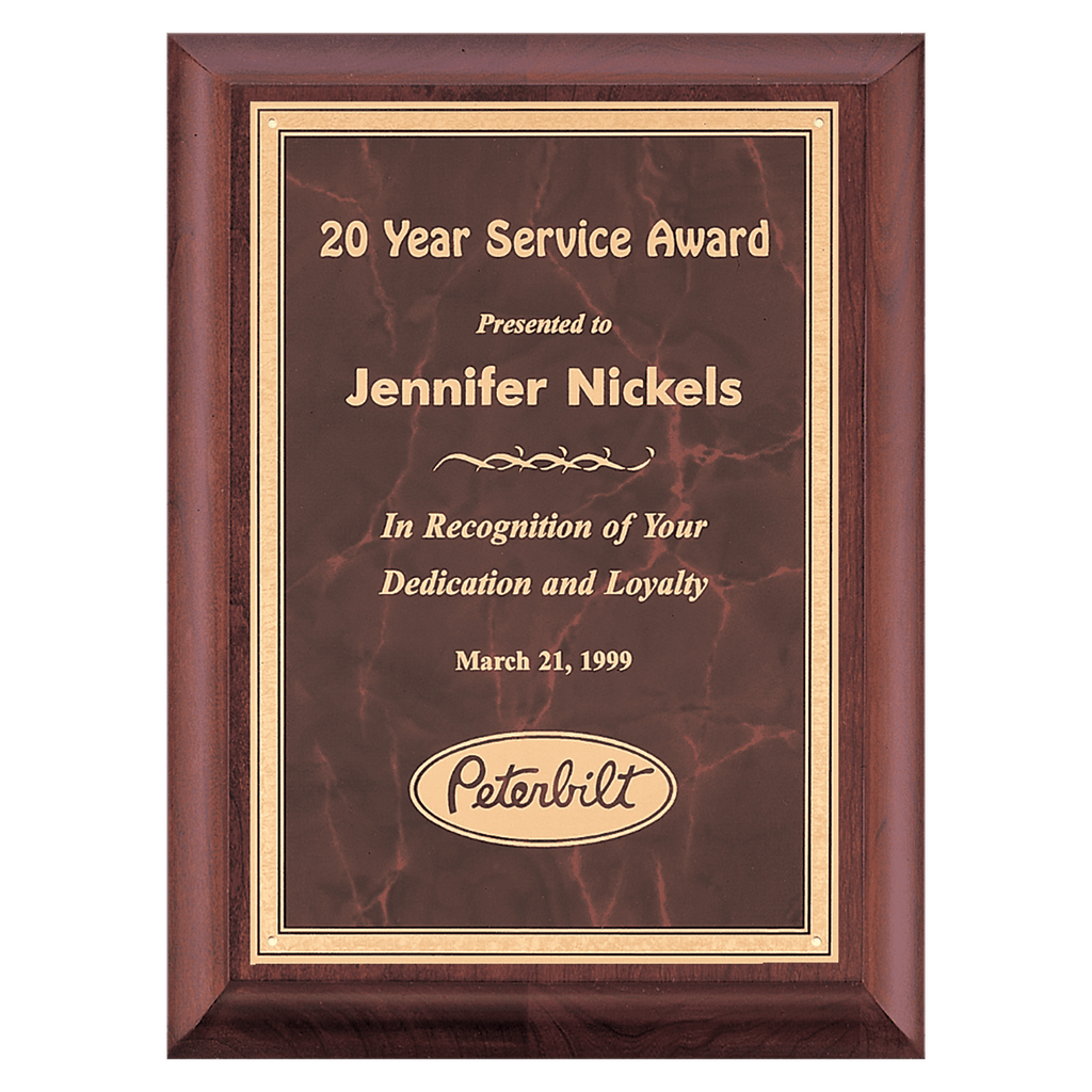 Cherry Finish Plaque with Ruby Marble Gold 8" x 10" Hand Rubbed Border LaserFX Plate