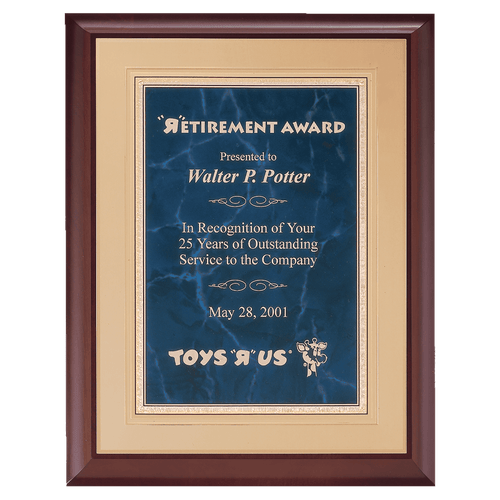 Cherry Finish Plaque with a Sapphire Gold Border Florentine LaserFX Plate on an Gold 11" x 14" Hand Rubbed Embossed Back Plate
