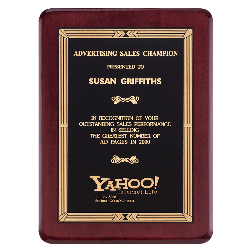 Rosewood Piano Finish Plaque with Gold Border Black Laserable Brass 7" x 9" Airflyte Premium PLate