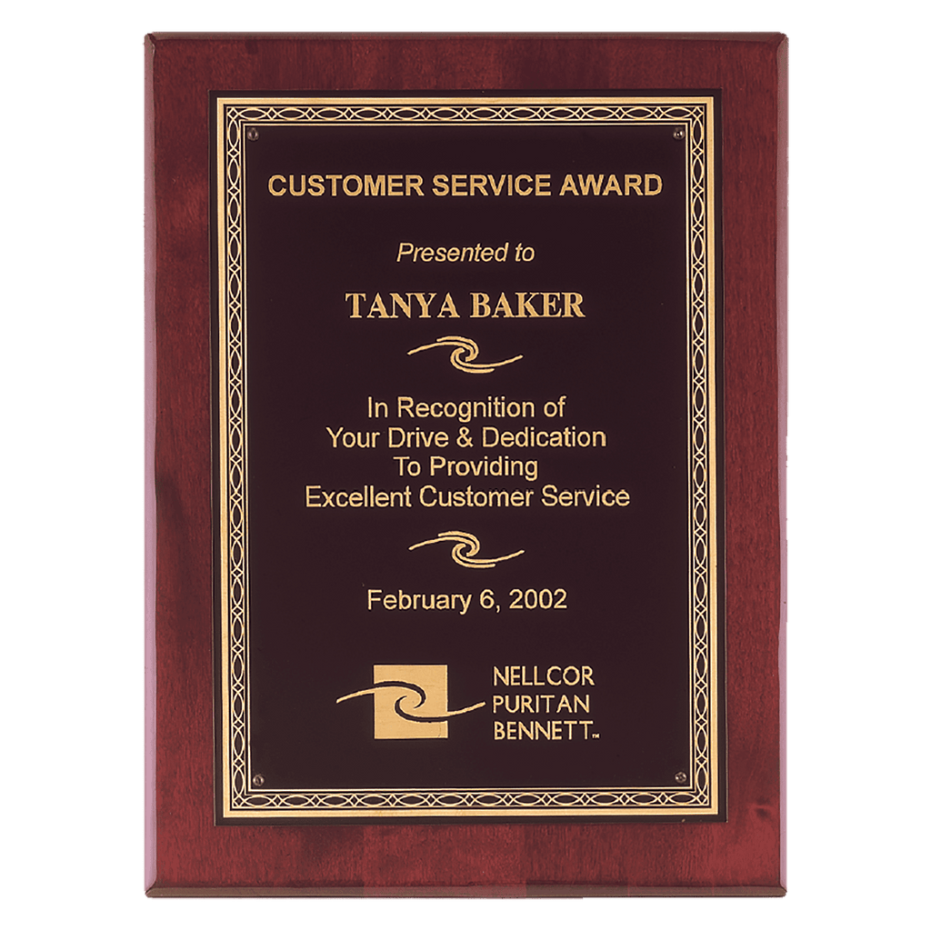 Rosewood Piano Finish Plaque with Gold Florentine Laserable Black Brass 11" x 14" Airflyte Premium Plate