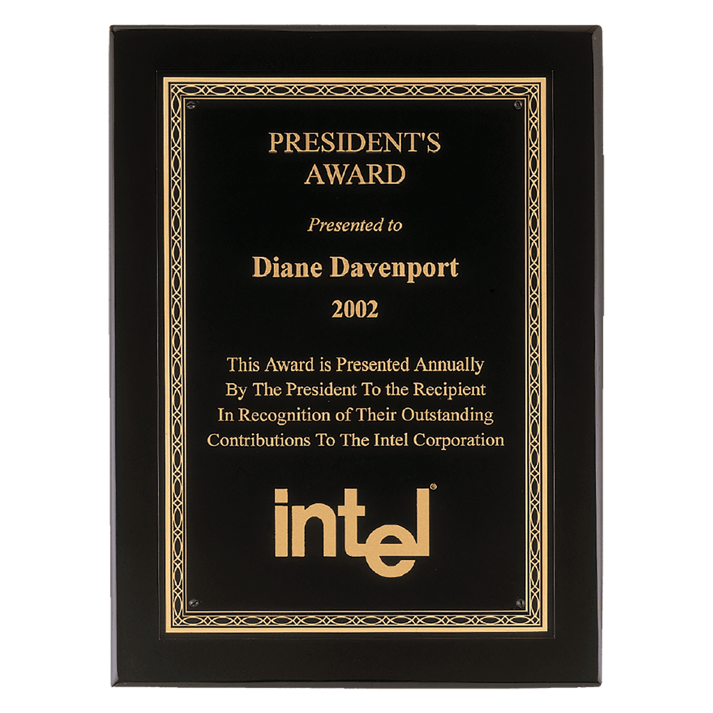 Black Piano Finish Plaque with Gold Florentine Border Laserable Black Brass 9" x 12" Airflyte Premium Plate