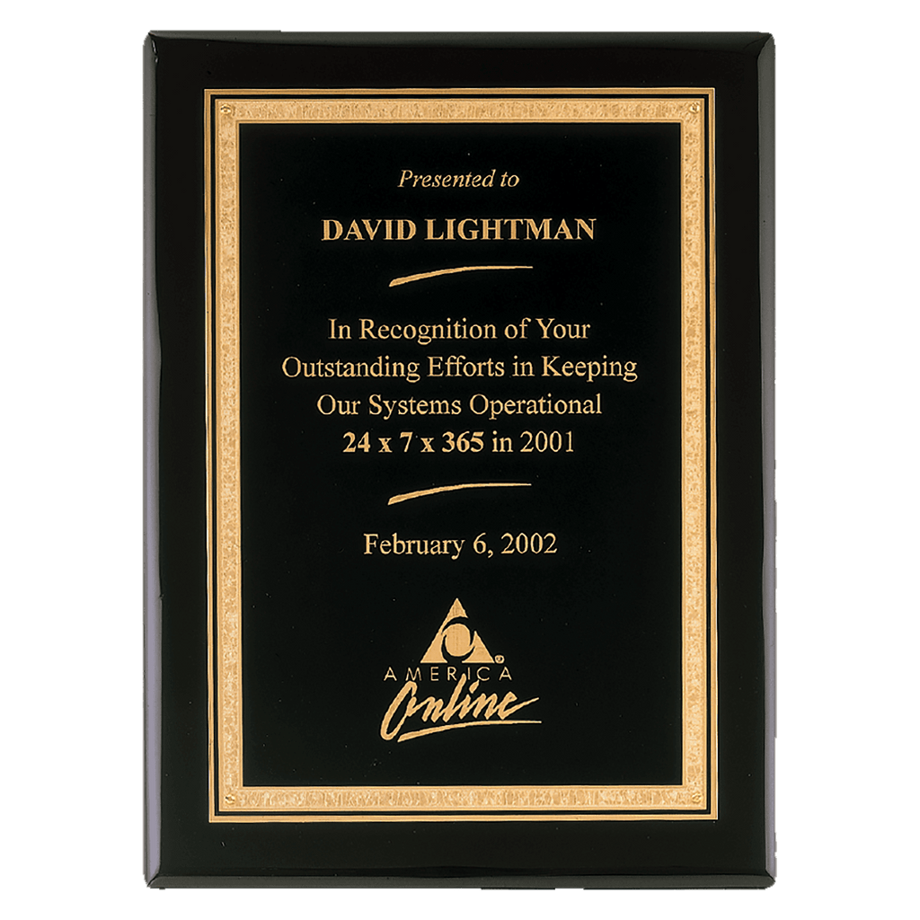Black Piano Finish Plaque with Gold 7" x 9" Airflyte Premium Florentine Border LaserFX Plate
