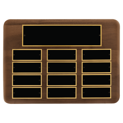 Walnut 12 Plate Perpetual Plaque with Black Brass 11" x 15"/Plates 1 1/2" x 3 3/4" American Plates