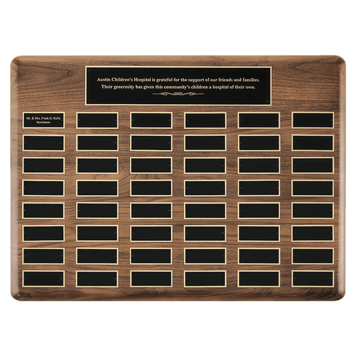 Walnut 36 Plate Perpetual Plaque with Black Brass 22" x 30"/Plates 1 1/2" x 3 3/4" American Plates