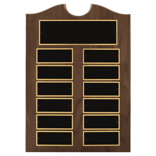 Walnut 12 Plate Perpetual Plaque with Black Brass 2 11" x 15"/Plates 1 1/2" x 3 3/4" American Plates