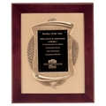 14" x 17" Rosewood Piano Finish Frame with Antique Bronze Casting          with Black LaserFX Plate on Brushed Gold Metal Background