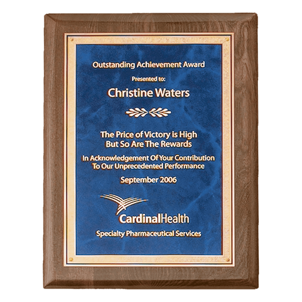 Walnut Piano Finish Plaque with Gold 8" x 10 1/2" Airflyte Premium Florentine Border Sapphire Marble LaserFX Plate