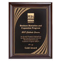 9" x 12" Hand Rubbed Cherry Finish Plaque with Cascading Gold Swirl Design Laserable Black Brass Plate