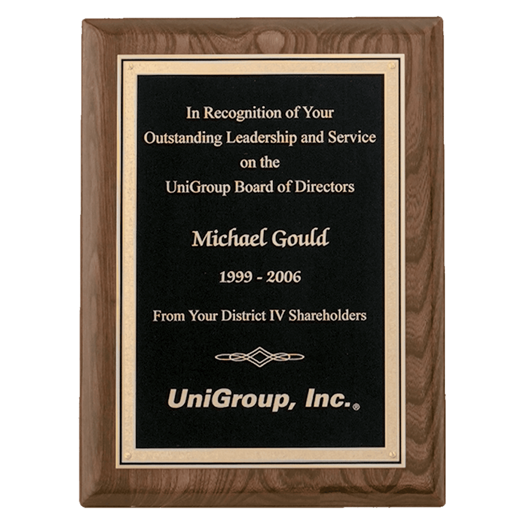 Walnut Piano Finish Plaque with Textured Black/Gold 7" x 9" Airflyte Florentine Border LaserFX Plate