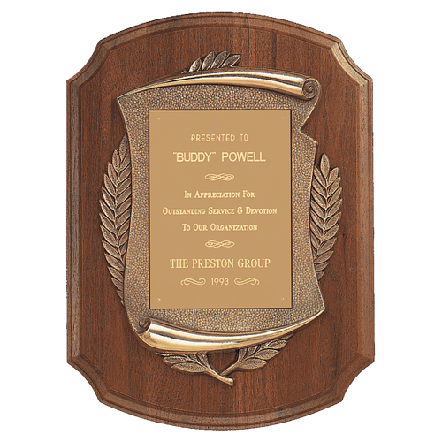 Walnut Notch Corner Plaque w/Antique Bronze Scroll/Brushed Brass 11" x 15" American Plate